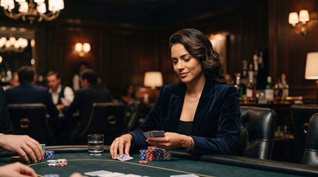 Elegant woman holding playing cards at a poker table wearing a blazer. Moody interior lighting captures the tension of high stakes gambling.