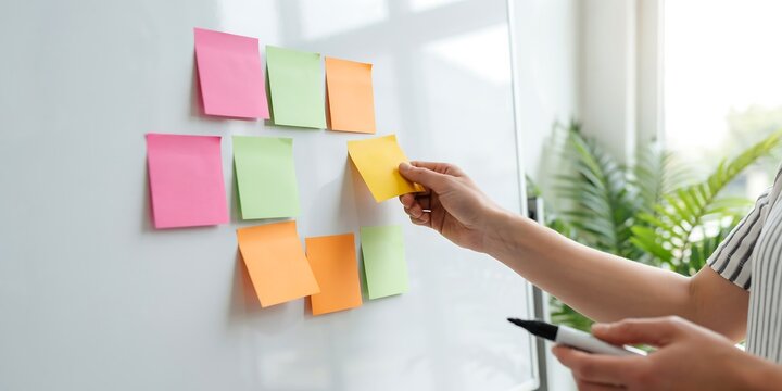 Person placing colorful sticky notes on a whiteboard for business project planning session