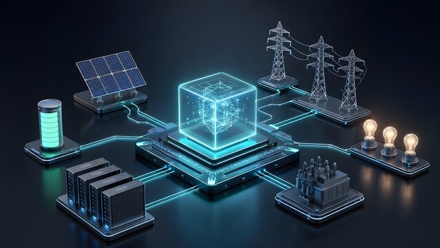 Smart Energy Grid Ecosystem Concept with Central Processor Connecting Solar Power Battery Storage and Distribution