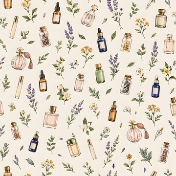 Seamless Vintage Perfume Bottles and Flowers Pattern