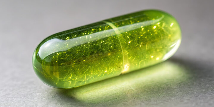 Translucent green capsule vitamin supplement close up glowing macro medicine health pharmaceutical shiny translucent green capsule vitamin supplement glowing with shiny surface close up macro view