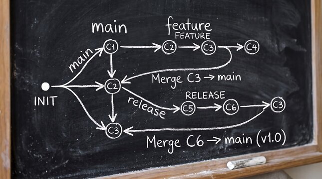 Software git branch development workflow diagram on blackboard