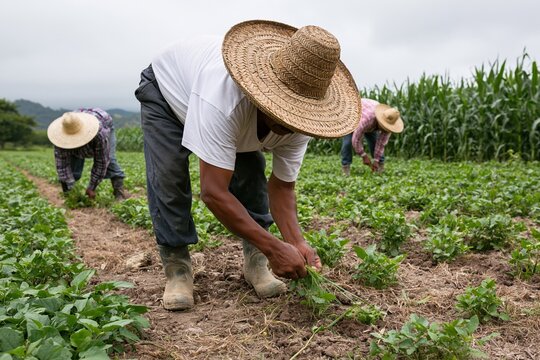The Farmers Working in a Sunlit Rural Field Tending Crops