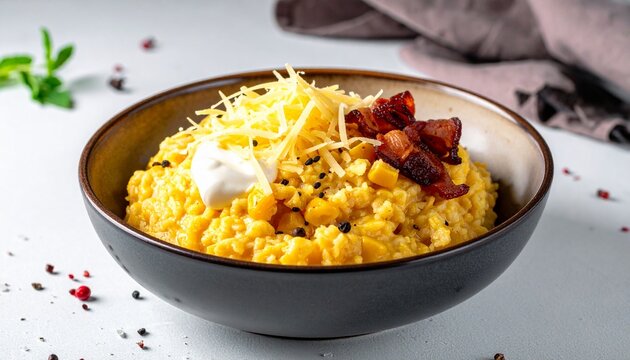 Cornmeal porridge bowl. Traditional ukrainian banosh dish topped with cheese and bacon bits.