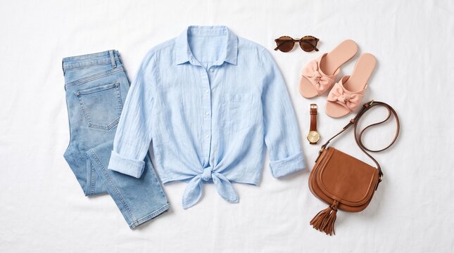 Flat lay of casual women's summer clothing and accessories on a white background
