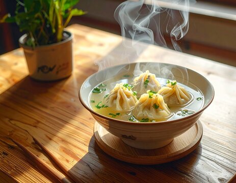 Morning dumpling broth. Freshly cooked mongolian bansh soup steaming under warm sunlight.