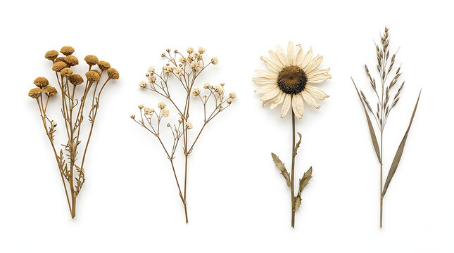 Dried botanical collection of wild flowers and grass, rustic herbarium set on white background, vintage floral elements for wedding design