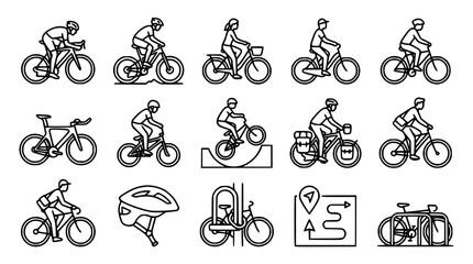 Fototapeta premium Cyclist Riding Diverse Bicycle Types Line Art Icon Collection Featuring Mountain Road Touring BMX Bikes and Urban Cycling Navigation Safety Elements Outlines