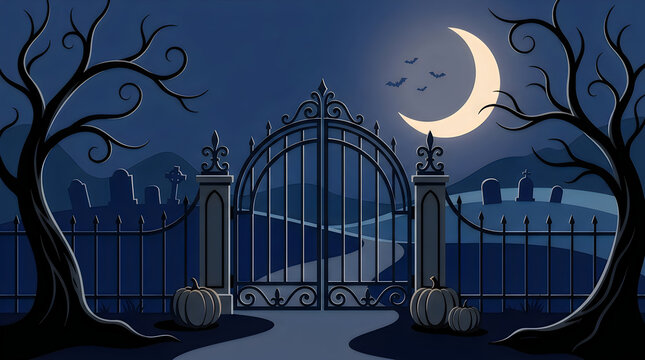 A spooky halloween graveyard scene featuring a large iron gate under a glowing crescent moon and barren dark trees