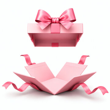 Pink open gift box with satin ribbon bow, empty exploding surprise present on white background, festive holiday celebration packaging