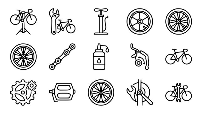 Bicycle Repair Tool and Mechanic Maintenance Line Art Icon Collection Featuring Work Stand Pump Chain Lubricant Pedals and Wheel Fixing Outlines for Bike Shop Designs