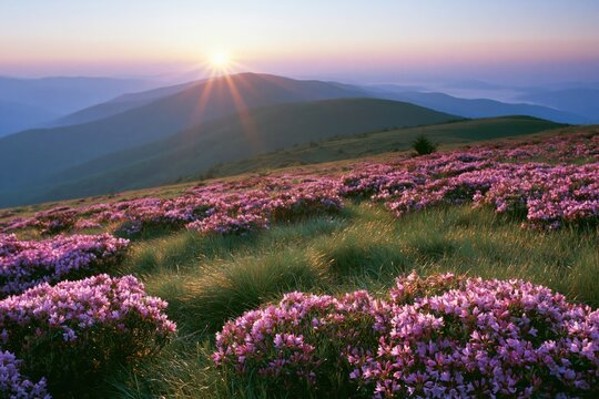 The Mountain Meadow of Pink Flowers at Sunrise Over Rolling Hills