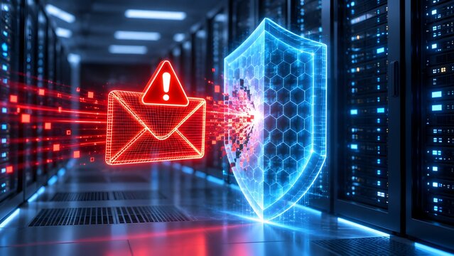 Red warning email envelope breaking through blue digital shield in server room representing cyber attack, phishing threat, and network vulnerability