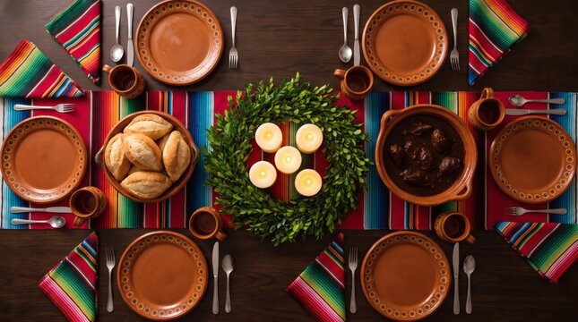 Traditional Mexican Festive Table Setting with Clay Plates Serape Runner Candles and Bolillo Bread