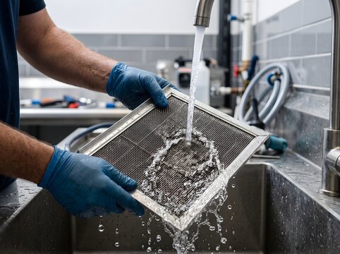 A technician cleaning a metal grease filter from a commercial kitchen hood under running water.
