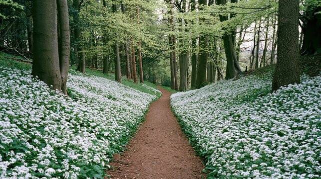 The Serene Forest Path Between White Flower Borders and Tall Trees