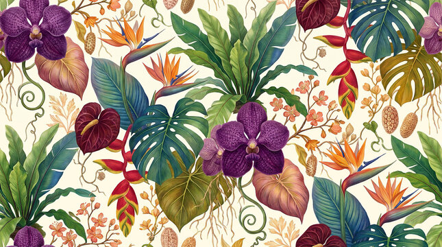 Seamless pattern with tropical purple orchids and birds of paradise flowers on light background for fabric design.