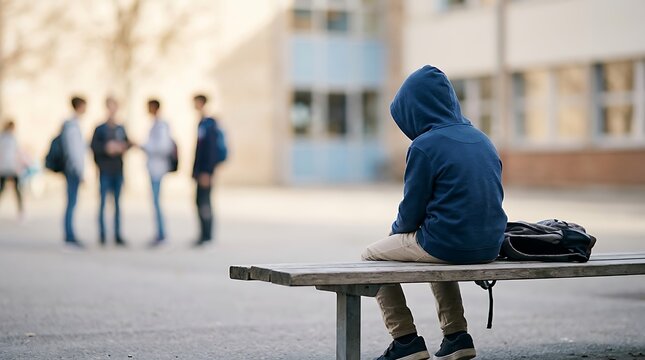 Feeling of solitude for a sad child sitting on a bench at school while other kids are having fun in the blurry background, portraying social isolation and childhood melancholy