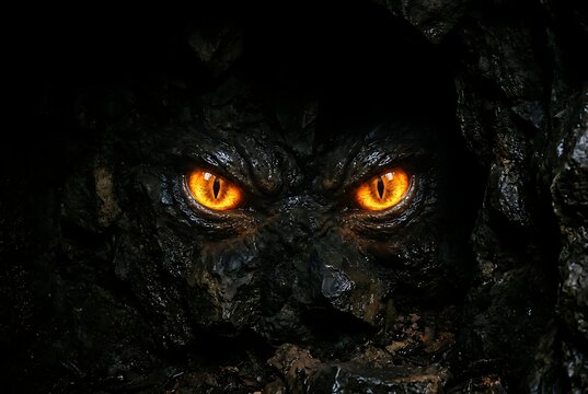 Glowing orange monster eyes peering from dark tree hollow.