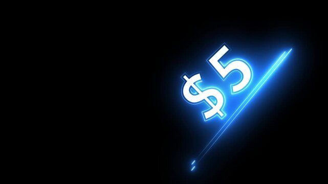 5 dollar number illustration. Neon dollar illustration from 5 number. on a black background.Financial dollar number animation on black background.