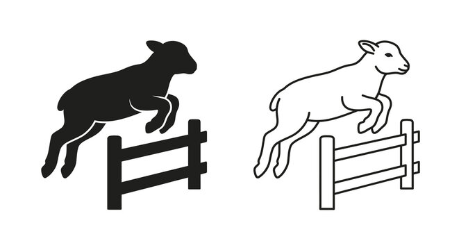 Lamb jumping over fence black silhouette and line art versions