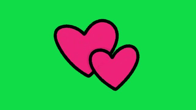 2D Hand Drawn Animated Pink Hearts Overlay on Green Screen Background