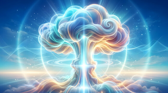 Abstract cloud brain explosion representing creative burst of intelligence with bright golden and blue energy shockwaves.