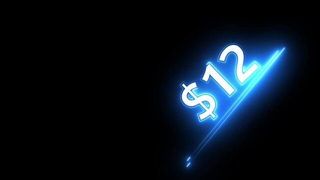 12 dollar number illustration. Neon dollar illustration from 12 number. on a black background.Financial dollar number animation on black background.