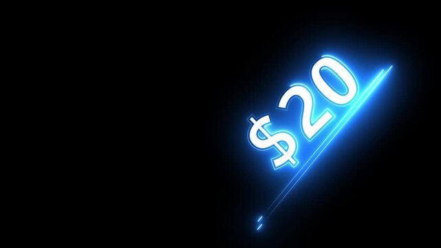 20 dollar number illustration. Neon dollar illustration from 20 number. on a black background.Financial dollar number animation on black background.