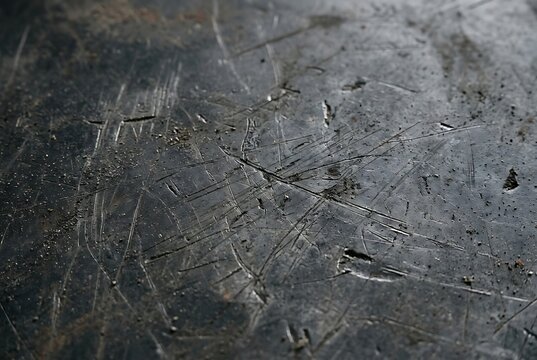 Dark scratched metal surface with industrial grunge texture and weathered steel background.