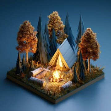 A campfire scene with logs and a tent surrounded by tall trees shows autumn colors during dusk light. The fire flickers warmly in the setting.