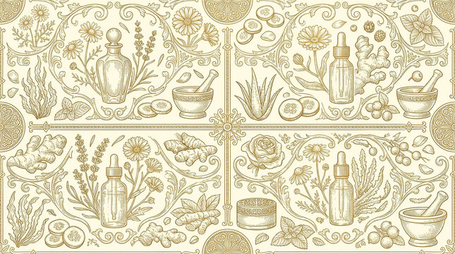 Seamless vintage line art pattern with botanical ingredients and apothecary items for natural beauty and wellness products.