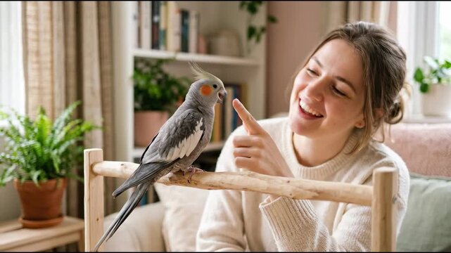 A woman is sitting in a living room. She gently touches a cockatiel on a perch. Sunlight shines through the window. There are plants and books in the background