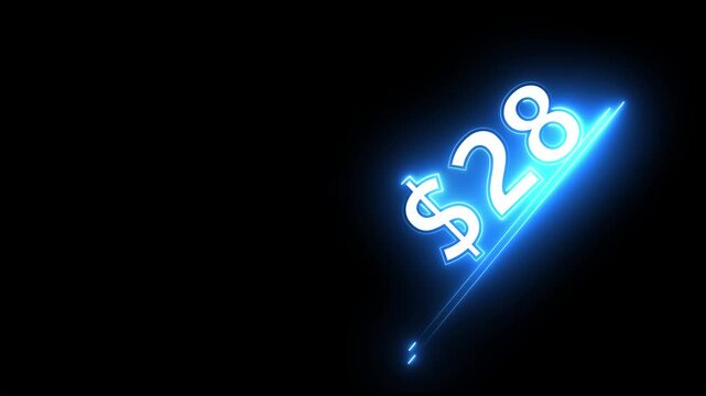 28 dollar number illustration. Neon dollar illustration from 28 number. on a black background.Financial dollar number animation on black background.