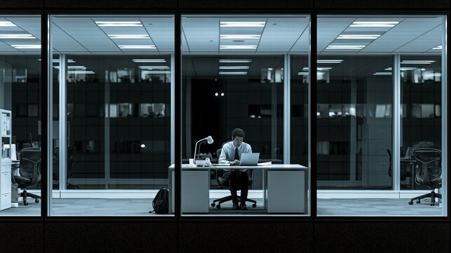 Japanese businessman working late in lonely office at night. Man focusing on his work at a modern office desk late at night