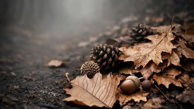 Falling oak leaf landing among acorns and pinecones on a wet forest floor. autumn macro scene with raindrops, misty atmosphere and earthy textures.