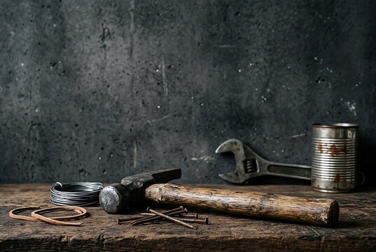 Vintage hand tools including hammer wrench and nails on a rustic wooden workbench against a dark textured wall.