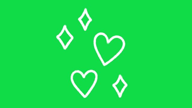 2D Hand Drawn White Line Hearts and Sparkles Animation Overlay on Green Screen Background