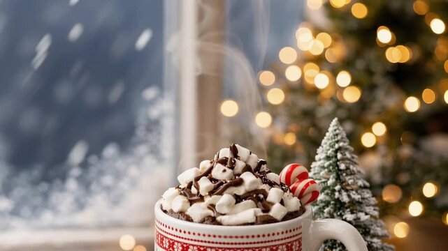 Festive hot chocolate in a patterned mug topped with marshmallows and chocolate drizzle, candy cane and cookies by a frosty window