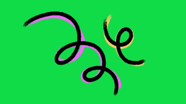 2D Hand Drawn Abstract Colorful Swirls and Wiggle Lines Animation Overlay on Green Screen Background