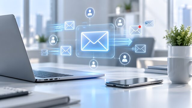 Laptop on a modern office desk projecting glowing holographic email icons and user profiles symbolizing digital communication and email marketing campaigns.