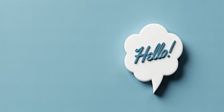 White speech bubble with "hello!" in blue text on a blue background, word communication