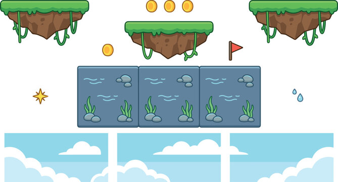 Cartoon Platform Game Assets Set with Floating Grass Islands, Water Blocks, Coins, Flag, Clouds, Starfish, and Decorative Background Elements