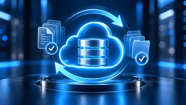 Futuristic glowing cloud database with circular arrows and digital files representing data synchronization, backup, and continuous cloud computing processes.