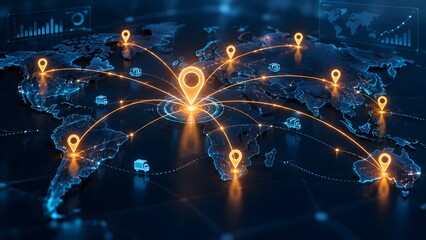 Obraz premium Global logistics and supply chain network concept with a 3D world map connected by glowing lines and location pins symbolizing international delivery.