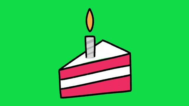 2D Hand Drawn Cake Slice with Candle Animation Overlay on Green Screen Background