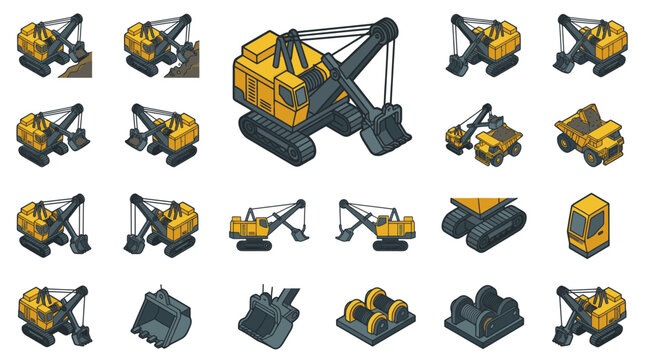 Corporate Set of Heavy Machinery Excavators and Construction Equipment in Yellow and Gray Tones