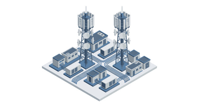 Creative Isometric of Modern Cellular Network Infrastructure with Cell Towers Buildings and Fiber Optic Cables