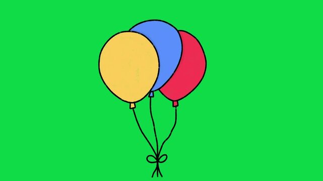 2D Hand Drawn Bunch of Three Color Balloons Animation Overlay on Green Screen Background