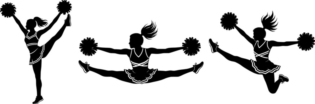Cheerleader high kick. Jump split and herkie poses. Female athlete with pom poms. Monochrome silhouettes